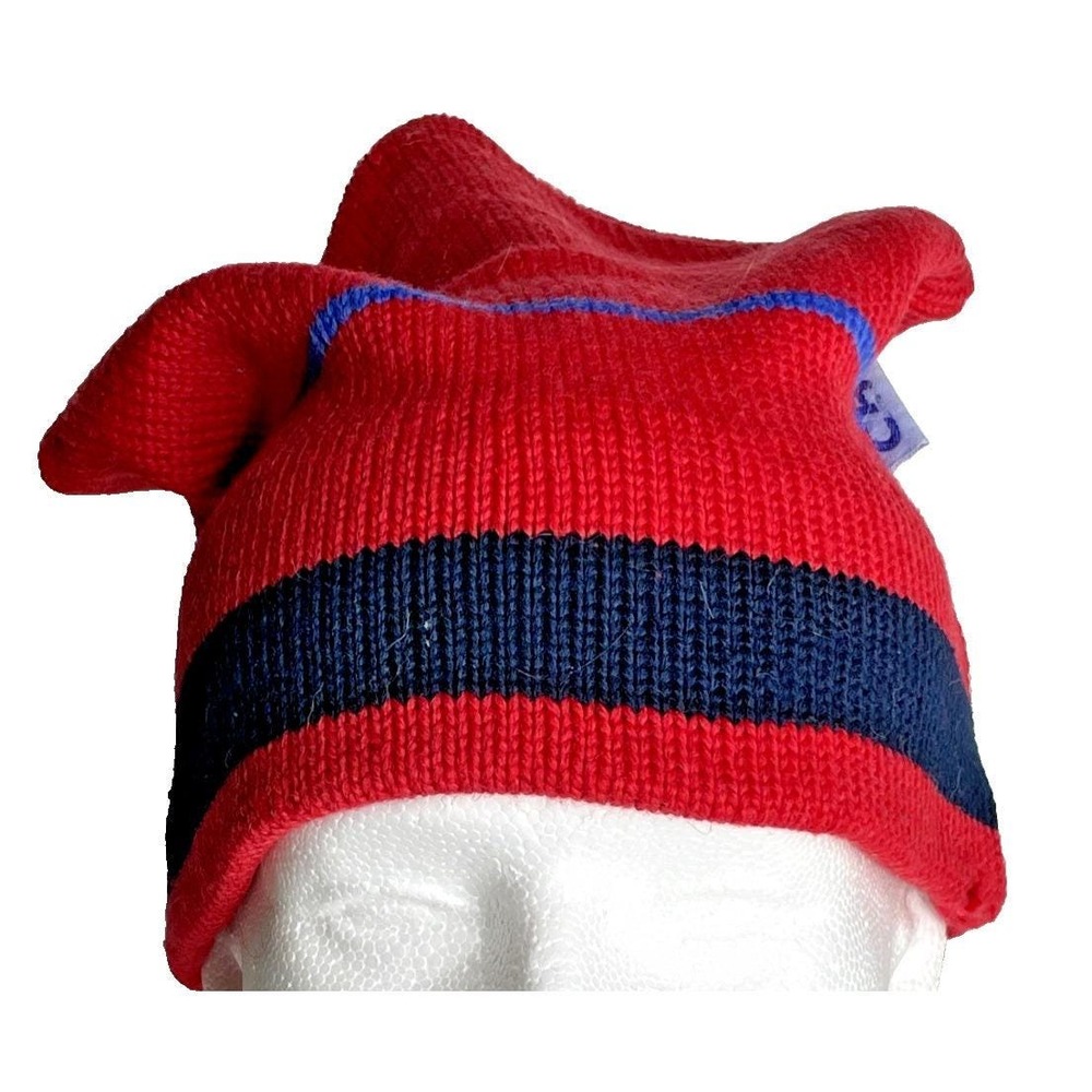 CB Sports Red Blue Stripe Beanie Winter Hat Cap Knit Ski 100% Wool Vintage 80's